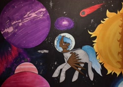 Size: 2048x1452 | Tagged: safe, artist:novadraws19205, oc, oc only, pegasus, pony, asteroid, astronaut, galaxy, open mouth, open smile, planet, smiling, space, spacesuit, spread wings, stars, traditional art, wings
