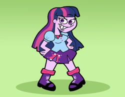 Size: 1016x787 | Tagged: safe, artist:cookie-lovey, twilight sparkle, human, equestria girls, g4, 2013, blouse, bowtie, breasts, busty twilight sparkle, clothes, evil grin, female, green background, grin, hand on hip, looking at you, mary janes, shoes, simple background, skirt, smiling, smiling at you, socks, solo, style emulation, the fairly oddparents