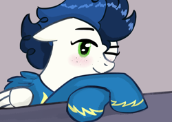 Size: 1200x850 | Tagged: safe, alternate version, artist:harleneap, high winds, pegasus, pony, g4, blushing, clothes, floppy ears, one eye closed, solo, textless version, uniform, wonderbolts, wonderbolts uniform