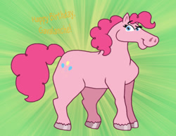 Size: 1016x787 | Tagged: safe, artist:cookie-lovey, pinkie pie, earth pony, pony, g4, 2013, female, green background, happy birthday, looking at you, mare, simple background, smiling, smiling at you, solo, style emulation, sunburst background, text, the fairly oddparents, unshorn fetlocks