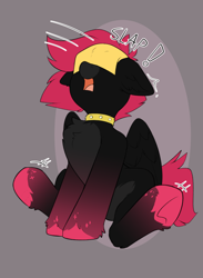 Size: 1610x2198 | Tagged: safe, artist:beardie, oc, oc only, oc:rubellite rhapsody, pegasus, pony, cheese slap, chest fluff, collar, commission, female, mare, onomatopoeia, open mouth, sitting, sliced cheese, solo, surprised, underhoof, ych result