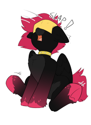 Size: 1610x2198 | Tagged: safe, alternate version, artist:beardie, oc, oc only, oc:rubellite rhapsody, pegasus, pony, cheese slap, chest fluff, collar, commission, female, mare, onomatopoeia, open mouth, simple background, sitting, sliced cheese, solo, surprised, transparent background, underhoof, ych result