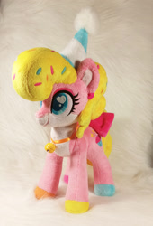 Size: 2406x3538 | Tagged: safe, artist:doctorkoda, oc, oc only, earth pony, pony, bow, colored hooves, countershading, female, happy, hat, high res, irl, mare, party hat, photo, plushie, smiling, solo, standing, tail, tail bow