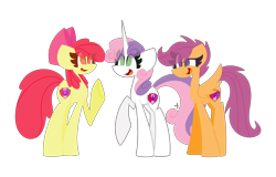 Size: 2500x1600 | Tagged: safe, artist:scridley-arts, apple bloom, scootaloo, sweetie belle, earth pony, pegasus, pony, unicorn, g4, cutie mark crusaders, female, simple background, transparent background, trio