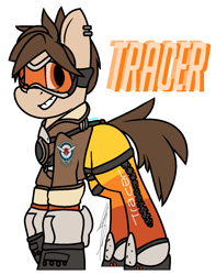 Size: 1012x1284 | Tagged: safe, artist:eivilpotter, oc, oc only, earth pony, pony, bomber jacket, clothes, crossover, ear piercing, earring, jacket, jewelry, overwatch, piercing, simple background, solo, tracer