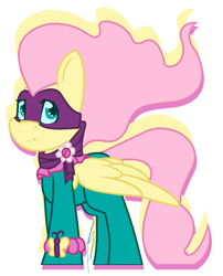 Size: 976x1208 | Tagged: safe, artist:eivilpotter, fluttershy, saddle rager, pegasus, pony, g4, colored, female, flat colors, mare, mask, power ponies, simple background, solo, superhero, superhero costume