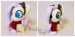 Size: 4096x2043 | Tagged: safe, artist:hellgacraft, fluttershy, pegasus, pony, g4, antlers, chibi, clothes, female, irl, mare, photo, scarf, solo, spread wings, standing, wings