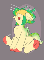Size: 1610x2198 | Tagged: safe, artist:beardie, oc, oc only, oc:jasmine threads, dracony, dragon, hybrid, pony, cheese slap, chest fluff, collar, commission, female, mare, onomatopoeia, open mouth, sitting, sliced cheese, solo, surprised, underhoof, ych result
