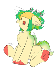 Size: 1610x2198 | Tagged: safe, artist:beardie, oc, oc only, oc:jasmine threads, dracony, dragon, hybrid, pony, cheese slap, chest fluff, collar, commission, female, mare, onomatopoeia, open mouth, simple background, sitting, sliced cheese, solo, surprised, transparent background, underhoof, ych result