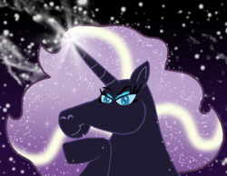 Size: 1016x787 | Tagged: safe, artist:cookie-lovey, nightmare rarity, pony, unicorn, g4, 2013, black background, bust, female, hoof on chin, lidded eyes, looking at you, mare, night, simple background, sinister smile, smiling, smiling at you, solo, stars, style emulation, the fairly oddparents