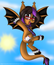 Size: 914x1098 | Tagged: safe, artist:firedragonmoon15, oc, pony, bat wings, black wings, brown mane, colored wings, fangs, flying, glasses, happy, looking at you, open mouth, orange wings, pink mane, sky, solo, sun, two toned mane, two toned wings, wings