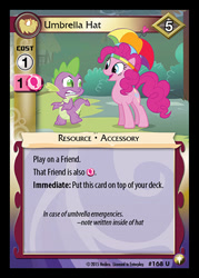 Size: 344x480 | Tagged: safe, enterplay, pinkie pie, spike, dragon, earth pony, pony, equestrian odysseys, feeling pinkie keen, g4, my little pony collectible card game, ccg, female, hat, mare, merchandise, umbrella hat