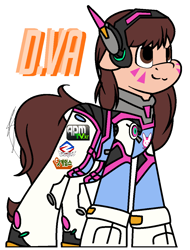 Size: 880x1160 | Tagged: safe, artist:eivilpotter, oc, oc only, earth pony, pony, clothes, crossover, d.va, female, mare, overwatch, simple background, solo, text