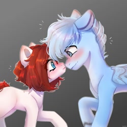 Size: 2000x2000 | Tagged: safe, artist:shelti, oc, oc only, earth pony, pegasus, pony, blushing, colored pupils, duo, duo male and female, female, folded wings, high res, looking at each other, looking at someone, male, raised hoof, wings