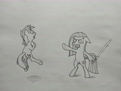 Size: 9248x6936 | Tagged: safe, lyra heartstrings, pinkie pie, earth pony, pony, unicorn, g4, pinkamena diane pie, sword, traditional art, weapon