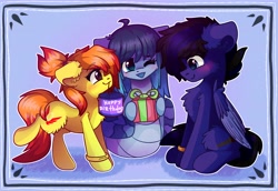 Size: 8700x6000 | Tagged: safe, artist:kindnychan, oc, oc only, oc:blackhole, oc:blaze inferno, oc:opal brona, earth pony, lamia, original species, pegasus, pony, birthday gift, cute, earth pony oc, pegasus oc