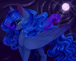 Size: 1024x820 | Tagged: safe, artist:jgreti, nightmare moon, princess luna, alicorn, pony, g4, curved horn, female, full moon, horn, mare, missing accessory, moon, solo
