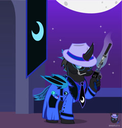 Size: 1237x1295 | Tagged: safe, artist:wheatley r.h., derpibooru exclusive, oc, oc only, oc:w. rhinestone eyes, changeling, honeypot changeling, bat wings, blue changeling, candy, changeling oc, folded wings, food, gun, lollipop, male, night, night sky, sky, stallion, stars, vector, watermark, weapon, wings