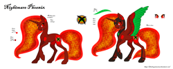 Size: 2734x1104 | Tagged: safe, artist:firedragonmoon15, oc, oc:nightmare phoenix, alicorn, pony, colored wings, cutie mark, ethereal mane, ethereal tail, green wings, helmet, hoof shoes, horn, jewelry, necklace, raised hoof, red coat, red eyes, red wings, reference sheet, simple background, standing, tail, two toned wings, white background, wings