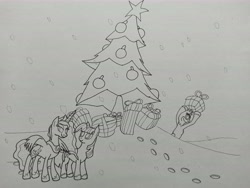 Size: 9248x6936 | Tagged: safe, artist:anxiouspon, princess luna, twilight sparkle, alicorn, pony, unicorn, g4, atg 2020, christmas, holiday, how the grinch stole christmas, newbie artist training grounds, pine tree, ponified, the grinch, traditional art, tree, unicorn twilight