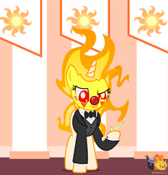 Size: 1237x1295 | Tagged: safe, artist:wheatley r.h., derpibooru exclusive, oc, oc only, oc:twi clown, pony, unicorn, g4, bowtie, clothes, clown, clown nose, cuffs (clothes), female, glasses, horn, mane of fire, mare, red nose, unicorn oc, vector, watermark