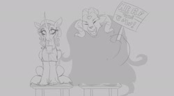 Size: 2329x1296 | Tagged: safe, artist:astr0zone, fhtng th§ ¿nsp§kbl, oleander (tfh), demon, pony, unicorn, them's fightin' herds, chair, clothes, community related, cup, drink, drinking, drinking straw, duo, female, gray background, grayscale, monochrome, open mouth, shirt, sign, simple background, sitting, sketch, t-shirt