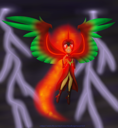 Size: 1012x1098 | Tagged: safe, artist:firedragonmoon15, oc, oc:nightmare phoenix, alicorn, human, pony, equestria girls, g4, blurry background, clothes, colored wings, fangs, fire hair, green wings, jewelry, lightning, looking at you, necklace, red eyes, red wings, shoes, two toned wings, wings
