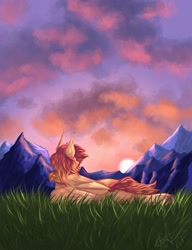 Size: 1500x1955 | Tagged: safe, artist:novadraws19205, oc, oc only, oc:nova rossi, pegasus, pony, lying down, lying on the ground, mountain, prone, scenery, sunset