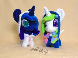 Size: 2048x1536 | Tagged: safe, artist:hellgacraft, princess celestia, princess luna, alicorn, pony, g4, chibi, clothes, duo, duo female, female, horn, irl, mare, photo, plushie, standing, wings