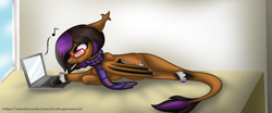 Size: 1316x550 | Tagged: safe, artist:firedragonmoon15, oc, pony, bat wings, black wings, bored, brown mane, cigarette, clothes, colored wings, computer, glasses, laptop computer, lying, orange wings, pink mane, scarf, solo, two toned mane, two toned wings, wings