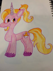 Size: 1280x1707 | Tagged: safe, artist:mintwhistle, luster dawn, pony, unicorn, g4, g5, confused, crayon drawing, female, frown, g4 to g5, generation leap, gradient mane, hairband, looking back, mare, ponytail, sketchbook, solo, traditional art, unshorn fetlocks