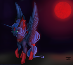 Size: 1196x1068 | Tagged: safe, artist:firedragonmoon15, princess luna, alicorn, pony, g4, blood moon, blurry background, feathered wings, full moon, glowing, glowing eyes, moon, night, spread wings, wings