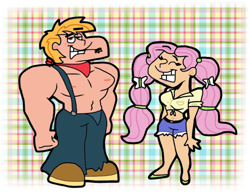 Size: 1016x787 | Tagged: safe, artist:cookie-lovey, big macintosh, fluttershy, human, g4, 2014, alternate hairstyle, belly button, biceps, breasts, busty fluttershy, clothes, daisy dukes, denim, duo, duo male and female, female, front knot midriff, great macintosh, grin, humanized, jeans, lidded eyes, looking at you, male, male nipples, midriff, muscles, muscular male, nipples, pants, pecs, pigtails, plaid background, redneck, ship:fluttermac, shipping, shoes, shorts, smiling, smiling at you, straight, straw in mouth, style emulation, suspenders, the fairly oddparents, toothy grin, twintails, wide hips
