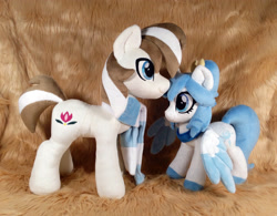 Size: 3528x2748 | Tagged: safe, artist:doctorkoda, oc, oc only, earth pony, pegasus, pony, clothes, colored hooves, colored wings, colored wingtips, commission, duo, duo male and female, female, happy, high res, irl, male, mare, photo, plushie, ponytail, scarf, smiling, spread wings, stallion, standing, wings