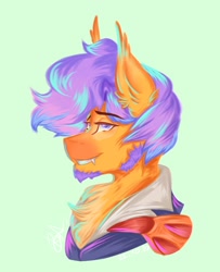 Size: 1403x1732 | Tagged: safe, artist:novadraws19205, oc, oc only, bat pony, anthro, chest fluff, clothes, fangs, lidded eyes, open clothes, open shirt, smiling, solo