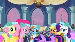 Size: 1106x619 | Tagged: safe, screencap, applejack, fluttershy, pinkie pie, rainbow dash, rarity, twilight sparkle, earth pony, pegasus, pony, unicorn, a canterlot wedding, g4, alternate hairstyle, background pony, bridesmaid, bridesmaid applejack, bridesmaid dash, bridesmaid dress, bridesmaid fluttershy, bridesmaid pinkie, bridesmaid rarity, canterlot, canterlot castle, clothes, dress, eyes closed, female, flag, floral head wreath, flower, flower in hair, flutterbeautiful, force field, looking down, mare, missing accessory, odd one out, royal wedding, unicorn twilight, wedding, worried