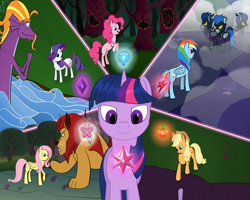 Size: 4974x3980 | Tagged: safe, artist:finirim, applejack, descent, fluttershy, nightshade, pinkie pie, rainbow dash, rarity, twilight sparkle, earth pony, manticore, pegasus, pony, sea serpent, unicorn, friendship is magic, g4, element of generosity, element of honesty, element of kindness, element of laughter, element of loyalty, element of magic, elements of harmony, shadowbolts, unicorn twilight