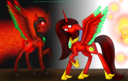 Size: 1240x788 | Tagged: safe, artist:firedragonmoon15, oc, oc:nightmare phoenix, oc:phoenix scarletruby, alicorn, pony, angry, brown mane, brown tail, colored wings, ethereal mane, ethereal tail, glowing, glowing wings, green wings, gritted teeth, helmet, hoof shoes, jewelry, looking at each other, looking at someone, mint wings, necklace, opposites, raised hoof, red coat, red wings, scar, sparks, spread wings, standing, tail, teeth, two toned wings, wings