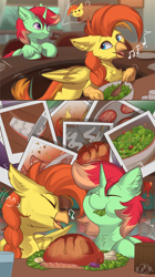 Size: 2773x4957 | Tagged: safe, artist:beardie, oc, oc:goldenflow, oc:jonin, hippogriff, pony, unicorn, claws, comic, commission, cooking, eating, food, fork, happy, heart, horn, knife, meat, music notes, open mouth, polaroid, ponies eating meat, salad, spoon, wings