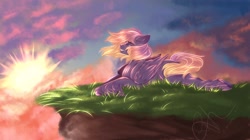 Size: 2048x1150 | Tagged: safe, artist:novadraws19205, oc, oc only, pegasus, pony, dawn, happy, lying down, prone, smiling, unshorn fetlocks, windswept mane