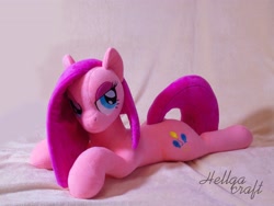 Size: 4096x3072 | Tagged: safe, artist:hellgacraft, pinkie pie, earth pony, pony, g4, female, irl, lidded eyes, lying down, mare, photo, pinkamena diane pie, plushie, prone, solo