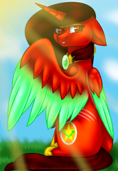 Size: 742x1077 | Tagged: safe, artist:firedragonmoon15, oc, oc:phoenix scarletruby, alicorn, pony, blurry background, brown mane, brown tail, colored wings, day, ears back, hoof shoes, jewelry, light rays, looking at you, mint wings, necklace, one wing out, red coat, red wings, scar, sitting, sunny day, tail, two toned wings, wings