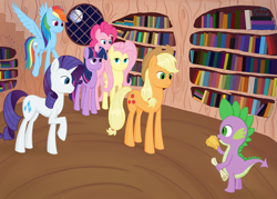 Size: 5025x3590 | Tagged: safe, artist:finirim, applejack, fluttershy, pinkie pie, rainbow dash, rarity, spike, twilight sparkle, dragon, earth pony, pegasus, pony, unicorn, g4, the ticket master, book, library, scroll, unicorn twilight, window