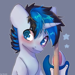 Size: 1000x1000 | Tagged: safe, artist:shelti, oc, oc only, pony, unicorn, blushing, bust, commission, guitar, happy, horn, male, musical instrument, simple background, solo, stallion