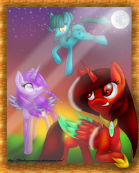 Size: 801x996 | Tagged: safe, artist:firedragonmoon15, oc, oc:phoenix scarletruby, alicorn, pegasus, pony, brown mane, brown tail, colored wings, eye scar, facial scar, feathered wings, flying, full moon, heterochromia, hoof shoes, jewelry, light rays, looking at someone, moon, necklace, pink coat, pink mane, red coat, red eyes, red wings, scar, smiling, spread wings, stars, tail, teal coat, teal mane, teal tail, teal wings, two toned wings, walking, wings