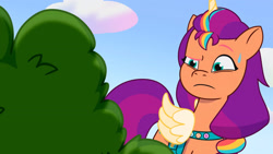 Size: 3072x1727 | Tagged: safe, screencap, sunny starscout, alicorn, pony, g5, mission imponable, my little pony: tell your tale, spoiler:g5, spoiler:my little pony: tell your tale, spoiler:tyts01e49, eyebrows, female, frown, hedge, mane stripe sunny, mare, race swap, raised eyebrow, solo, sunnycorn, sweat, sweatdrop