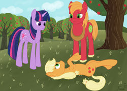 Size: 4493x3210 | Tagged: safe, artist:finirim, applejack, big macintosh, twilight sparkle, earth pony, pony, unicorn, applebuck season, g4, apple, apple tree, food, male, stallion, sweet apple acres, tree, trio, unicorn twilight