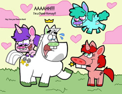 Size: 1016x787 | Tagged: safe, artist:cookie-lovey, oc, earth pony, pegasus, pony, unicorn, 2014, bucktooth, crossover, crown, female, jewelry, jorgen von strangle, looking up, magic wand, male, mare, non-mlp oc, open mouth, open smile, ponified, raised hoof, regalia, screaming, smiling, stallion, style emulation, sweat, the fairly oddparents