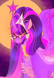 Size: 540x766 | Tagged: safe, alternate version, artist:rare-apples, twilight sparkle, alicorn, pony, g4, 2d, collar, digital art, female, glasses, long hair, looking at you, mare, ponytail, smiling, solo, spread wings, twilight sparkle (alicorn), wings