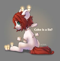 Size: 1968x2000 | Tagged: safe, artist:shelti, oc, oc only, cake pony, earth pony, food pony, original species, pony, cake, candle, colored pupils, everything is cake, female, food, mare, question mark, sitting, solo, text